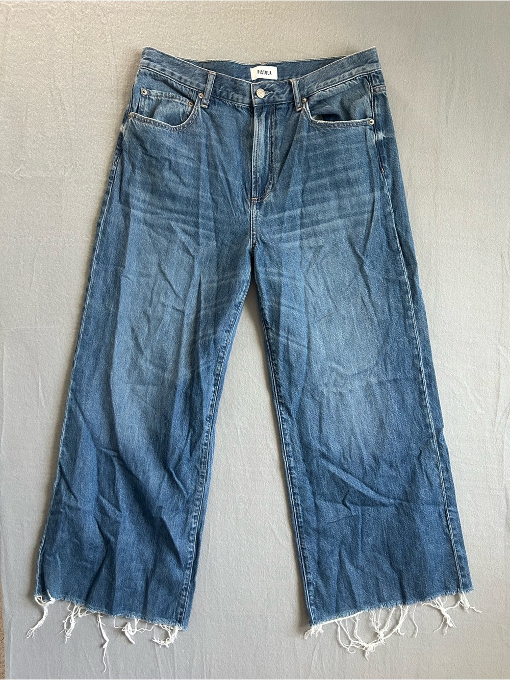 PISTOLA High Rise Ultra Wide Leg Blue Denim Jeans Mid Wash Raw Hem 31